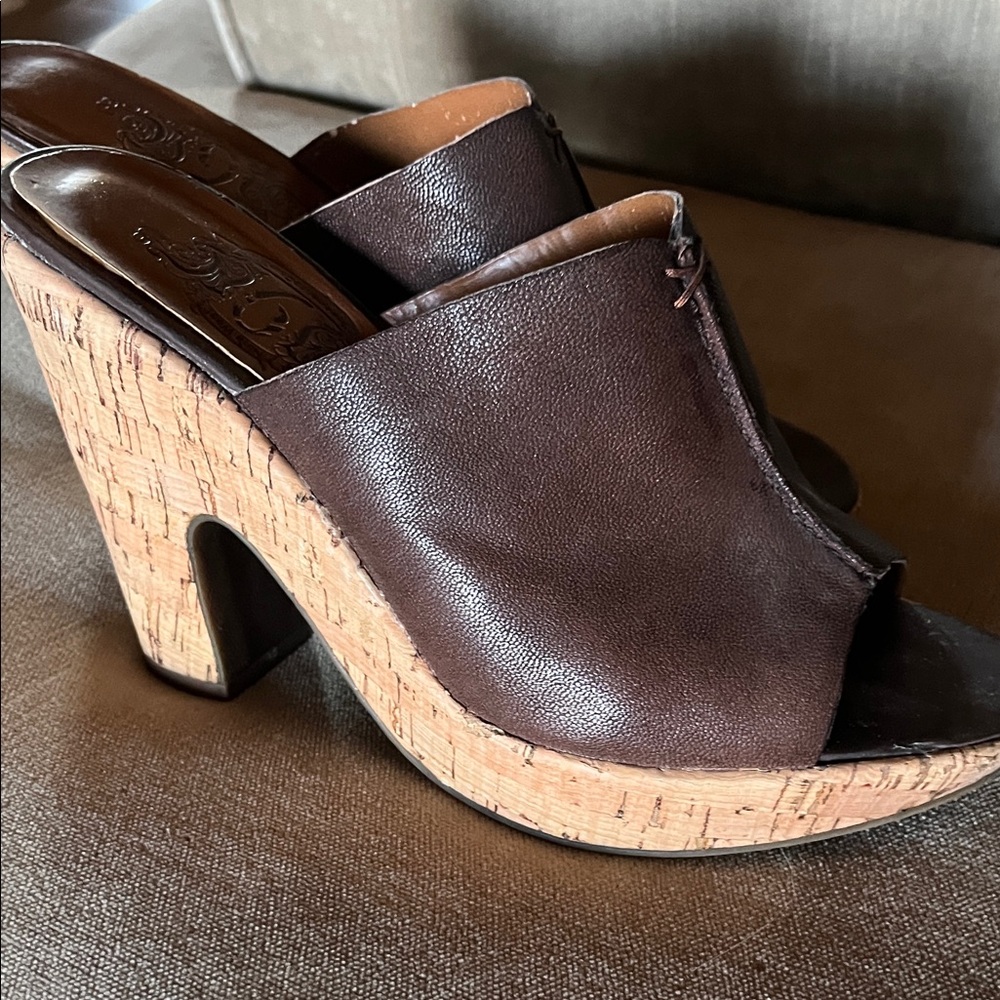 Nine West Dark Brown Leather Cork-Platform Open-Toe Mules